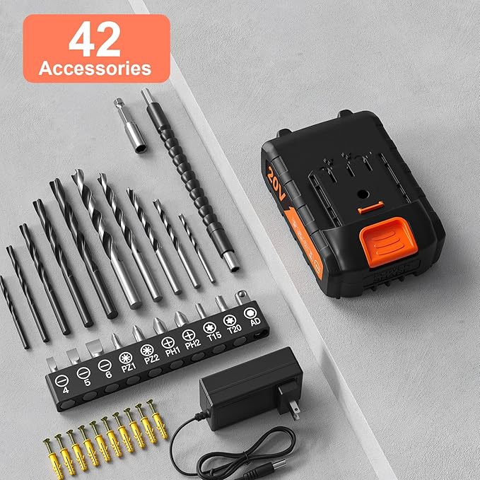 Cordless Drill Set, 20V Power Drill with Power Pack 2.0Ah and Charger, 3/8-Inch Keyless Chuck Electric drill, 25+1 Position, 42pcs Drilldriver Bits/Screws for DIY Projects (Black Grey)