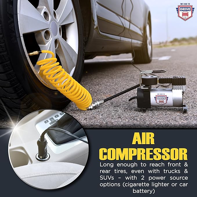 Tire Inflator Portable Air Compressor with Tire Repair Kit – 12V DC Air Pump for Car Tires, 150 PSI Electric Air Pump with Tyre Pressure Gauge, Emergency Kit, and Car Accessories Air Pump