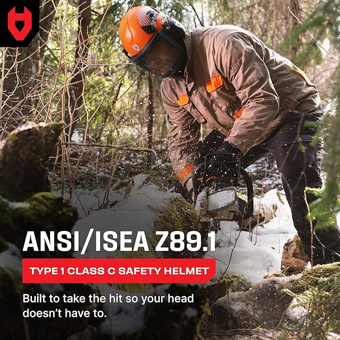 NoCry ANSI Z89.1 Rated Arborist Helmet — Chainsaw Helmet with Face Shield and Ear Muffs — Adjustable Hard Hat with Adaptive Ventilation; Impact-Resistant Mesh Face Shield for Forestry with Side Guards