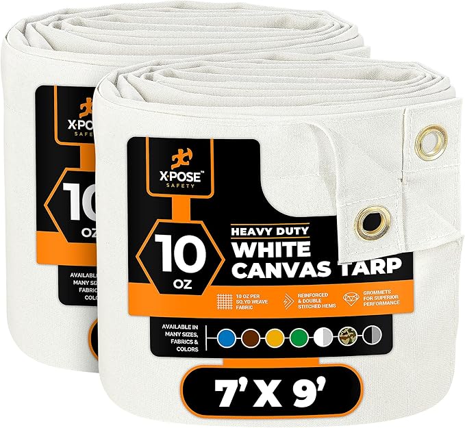 Xpose Safety Canvas Tarp - 10oz White Canvas Tarps Heavy Duty Water Resistant with Brass Grommets- Multipurpose Outdoor Tarpaulin for Camping, Canopy, Trailer, Equipment Cover 7' x 9' (2 Pack)