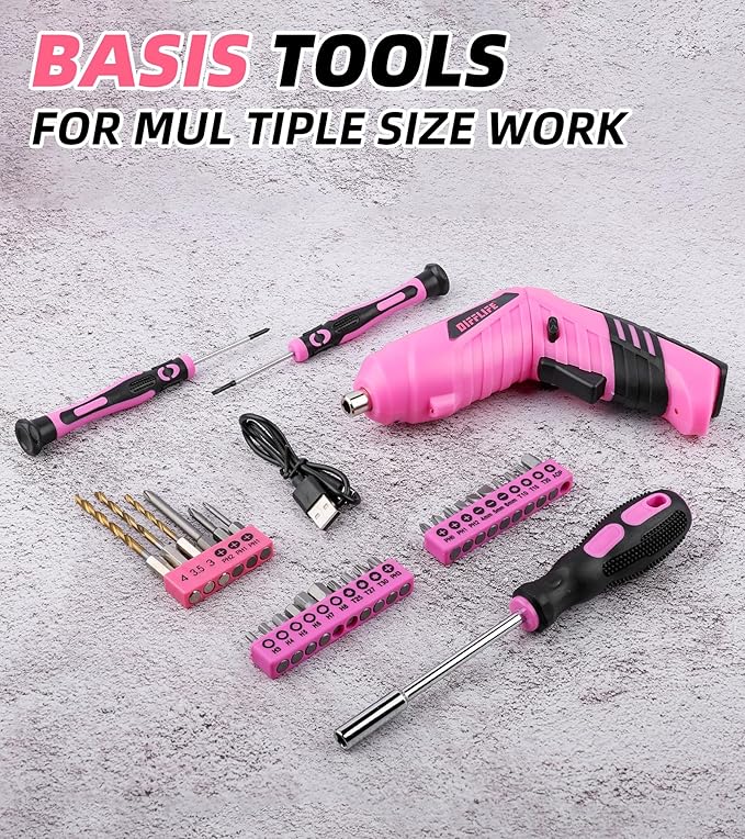 Pink Tool Set for Women, 126-Piece Lady's Power Screwdriver Cordless Rechargeable Set Home Repairing Tool Set with 13-Inch Wide Mouth Open Storage 126PCS 3.6V Electric Screwdriver Tool Bag