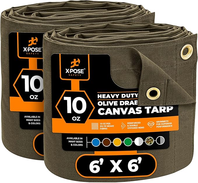 Xpose Safety Canvas Tarp - 10oz Olive Drab Canvas Tarps Heavy Duty Water Resistant with Brass Grommets- Multipurpose Outdoor Tarpaulin for Camping, Canopy, Trailer, Equipment Cover 6' x 6' (2 Pack)