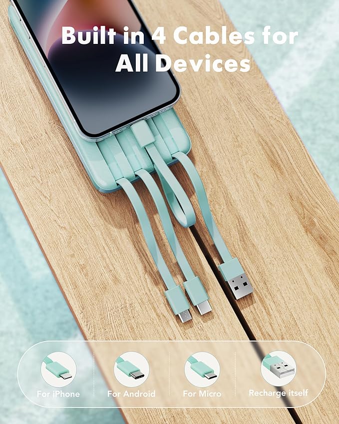 charmast Portable Charger with Built in Cables, Power Bank with Cords Wires, Slim 10000mAh Travel Battery Pack 6 Outputs 3 Inputs 3A Fast Charging for Samsung Google Pixel LG Moto iPhone iPad