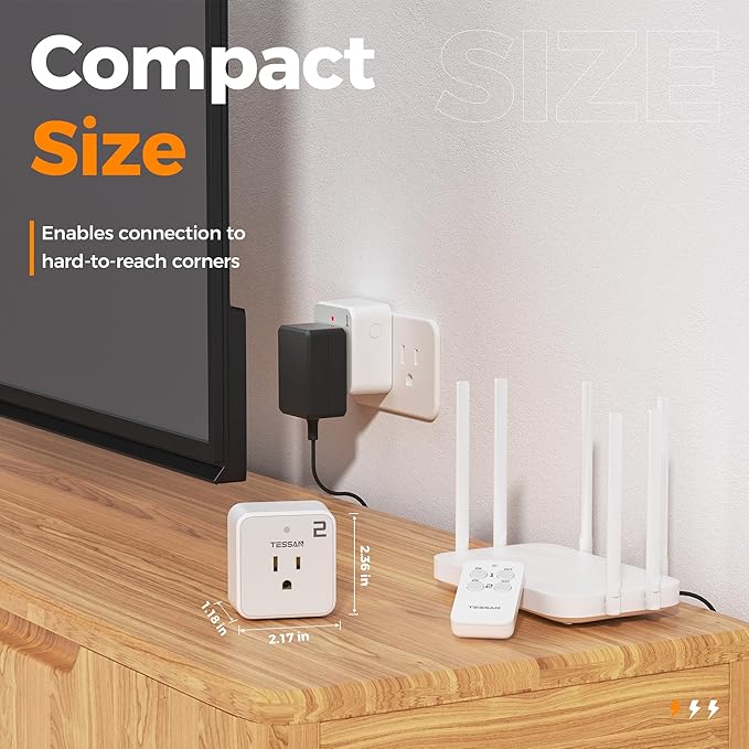 Remote Control Outlet Plug, TESSAN Wireless Light Switch Kit 100ft RF Range, On Off Switch for String Lights, Lamps, Small Appliances, Wireless Power Socket, 15A/1875W (1 Remote and 2 Outlets)