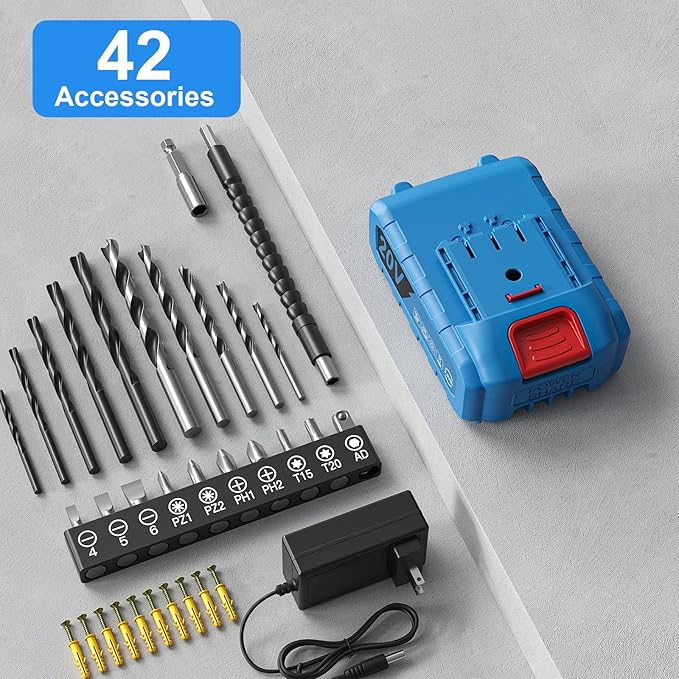 Cordless Drill Set, 20V Power Drill with Power Pack 2.0Ah and Charger, 3/8-Inch Keyless Chuck Electricdrill, 25+1 Torque, 42pcs Drilldriver Bits/Screws for DIY Projects (Blue)