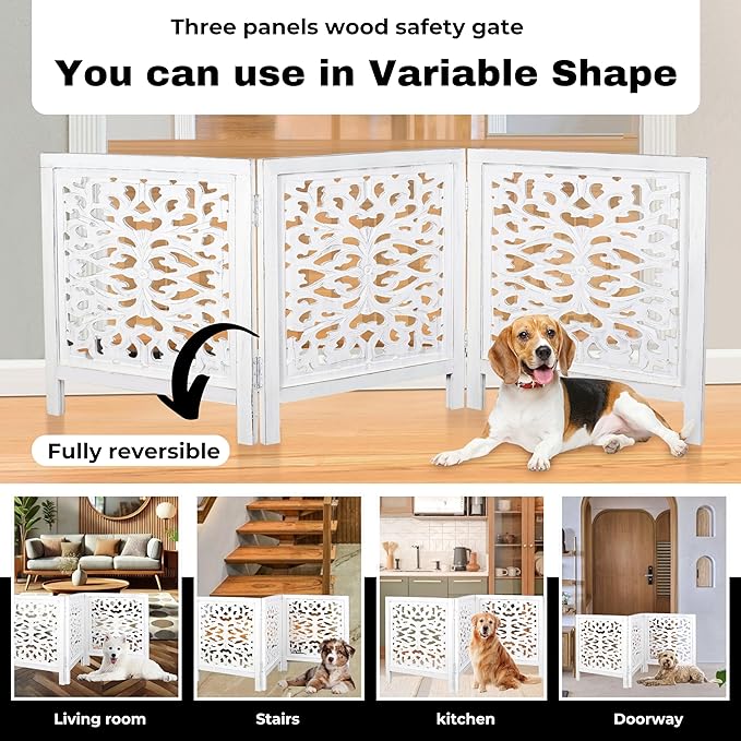 Foldable Wooden Dog Gate for Doorways, 3-Panel Freestanding Indoor Fence, Decorative Extra Wide Barrier for Home,Pet Gate White – Stylish, Portable, No Installation Needed