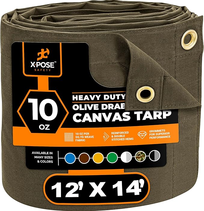 Xpose Safety Canvas Tarp - 10oz Olive Drab Canvas Tarps Heavy Duty Water Resistant with Brass Grommets- Multipurpose Outdoor Tarpaulin for Camping, Canopy, Trailer, Equipment Cover 12' x 14'