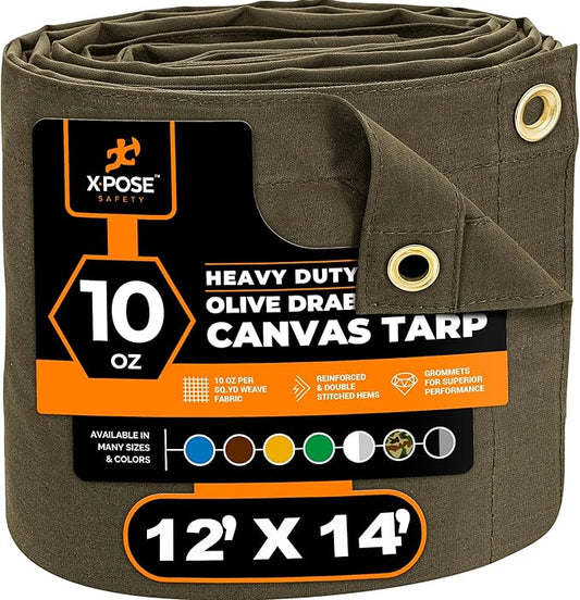 Xpose Safety Canvas Tarp - 10oz Olive Drab Canvas Tarps Heavy Duty Water Resistant with Brass Grommets- Multipurpose Outdoor Tarpaulin for Camping, Canopy, Trailer, Equipment Cover 12' x 14'