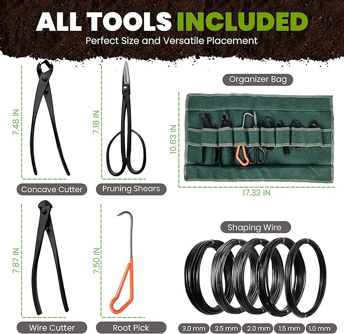 4PCS Bonsai Tool Set with Concave Cutter Wire Cutter Pruning Shears Root Pick | Bonsai Tools Kit with 5 Bonsai Shaping Wires and Waterproof Canvas Roll Bag