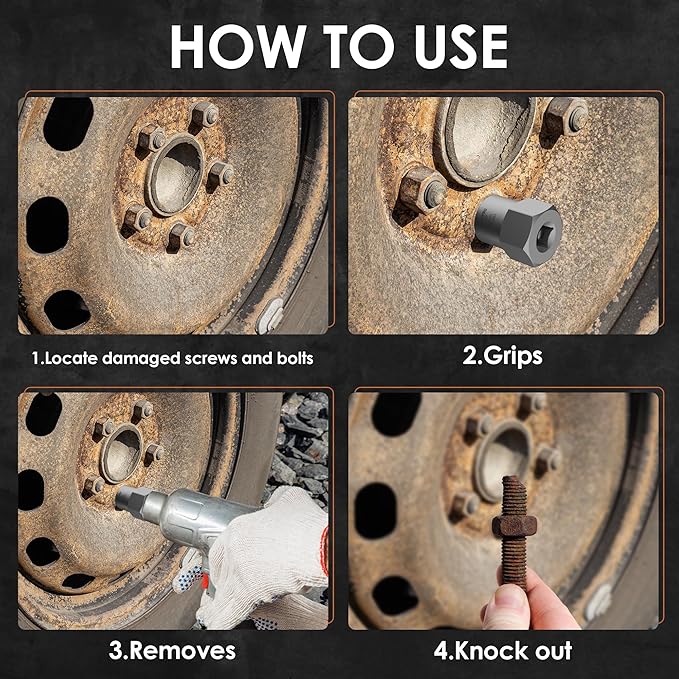 5-Piece Heavy Duty Bolt Extractor Set, 1/2" Drive Impact Lug Nut Remover Tool, Large Size 19-25mm for Removing Stripped, Damaged, Rusted Nuts, Bolts, and Studs