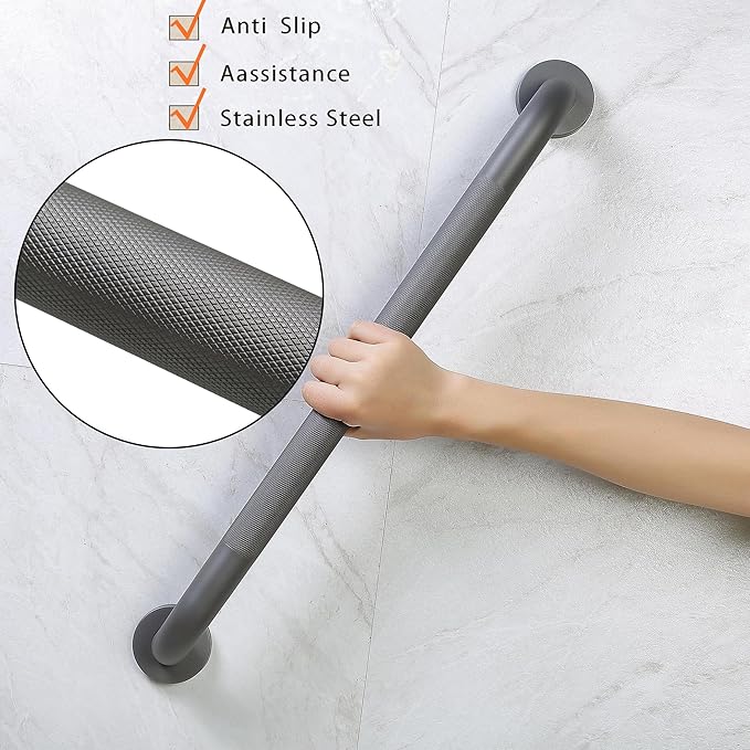 Shower Grab Bar, 2 Pack 16 Inch Gray Bathroom Grab Bar, 1.25" Diameter 304 Stainless Steel Anti-Slip Grab Bars for Bathtubs and Showers, Handicap Shower Grab Bar for Seniors Elderly
