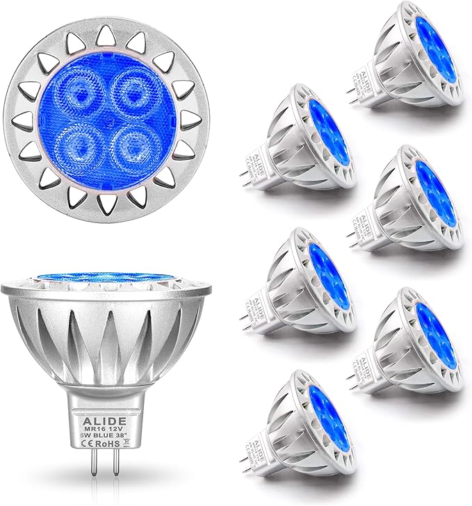 ALIDE MR16 GU5.3 Blue Led Bulbs 5W,20W 35W 50W Halogen Equiv,Low Voltage 12V MR16 Blue Color Bulb Spotlights for Outdoor Landscape Flood Yard Garden Tree Pool Step Lighting,Not Dimmable,38 Deg,6 Pack