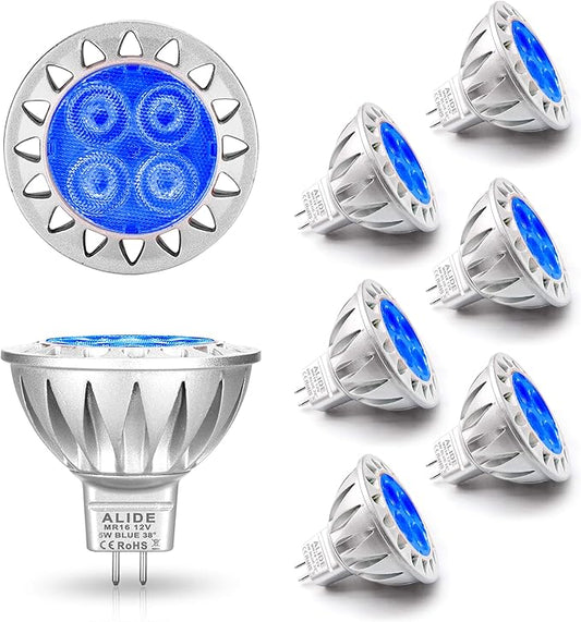 ALIDE MR16 GU5.3 Blue Led Bulbs 5W,20W 35W 50W Halogen Equiv,Low Voltage 12V MR16 Blue Color Bulb Spotlights for Outdoor Landscape Flood Yard Garden Tree Pool Step Lighting,Not Dimmable,38 Deg,6 Pack