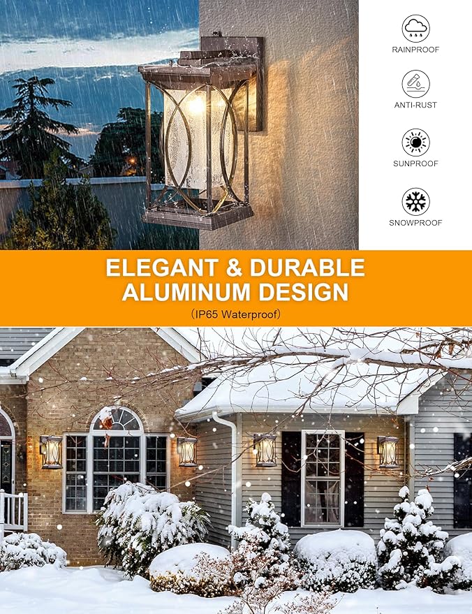 Oil Rubbed Bronze Outdoor Sconce Dusk to Dawn Exterior Light Fixtures Wall Mount Porch Light Modern Outdoor Wall Light Aluminum with Crack-Like Glass IP65 Waterproof Outside Coach Light for House