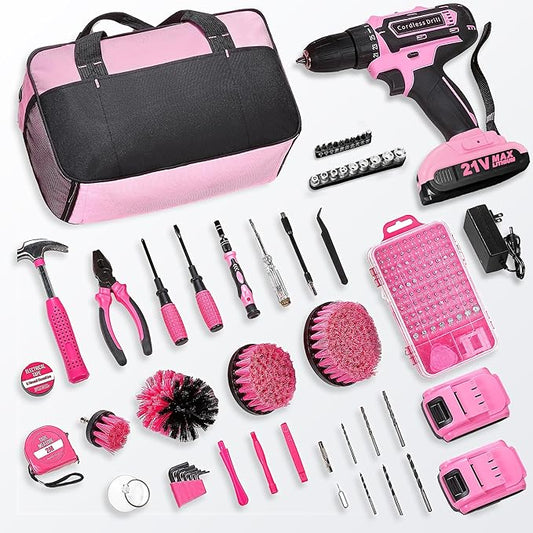 Pink Cordless Drill Set 21V, 154 PCS Tool Kit for Women with Storage Bag, Power Electric Drills, Precision Screwdriver Set, Hammer, Pliers, Magnetic Wristband and Accessories for DIY Home Repair Gift