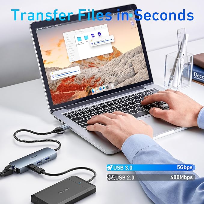 BENFEI USB-C USB 3.0 to Gigabit Ethernet Adapter, 3-Port USB 3.0 Hub with RJ45 Compatible with MacBook Pro/Air 2023, iPad Pro, iMac, S23, XPS 17, Surface Book 3 and More