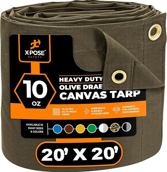 Xpose Safety Canvas Tarp - 10oz Olive Drab Canvas Tarps Heavy Duty Water Resistant with Brass Grommets- Multipurpose Outdoor Tarpaulin for Camping, Canopy, Trailer, Equipment Cover 20' x 20'