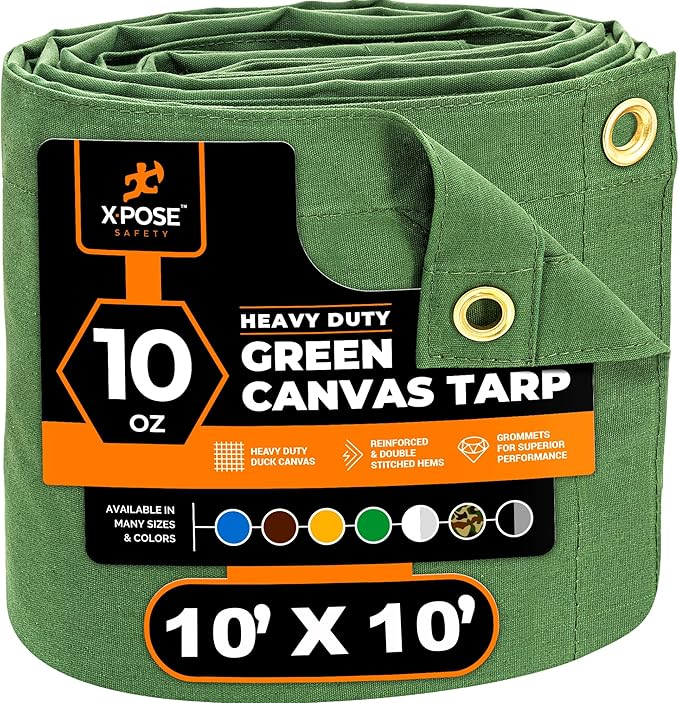Xpose Safety Canvas Tarp - 10oz Green Canvas Tarps Heavy Duty Water Resistant with Brass Grommets- Multipurpose Outdoor Tarpaulin for Camping, Canopy, Trailer, Equipment Cover 10' x 10'