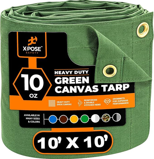 Xpose Safety Canvas Tarp - 10oz Green Canvas Tarps Heavy Duty Water Resistant with Brass Grommets- Multipurpose Outdoor Tarpaulin for Camping, Canopy, Trailer, Equipment Cover 10' x 10'