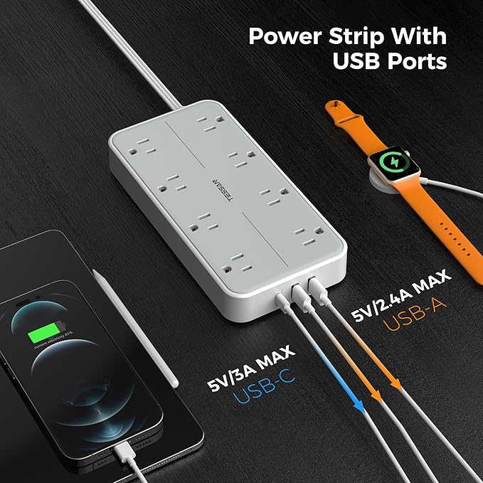 TESSAN Power Strip Surge Protector, Flat Plug Extension Cord with 8 Outlets 3 USB Charger(1 USB C), 1080 Joules Protection, Wall Mountable Charging Station for Home Office School Dorm Room Essentials