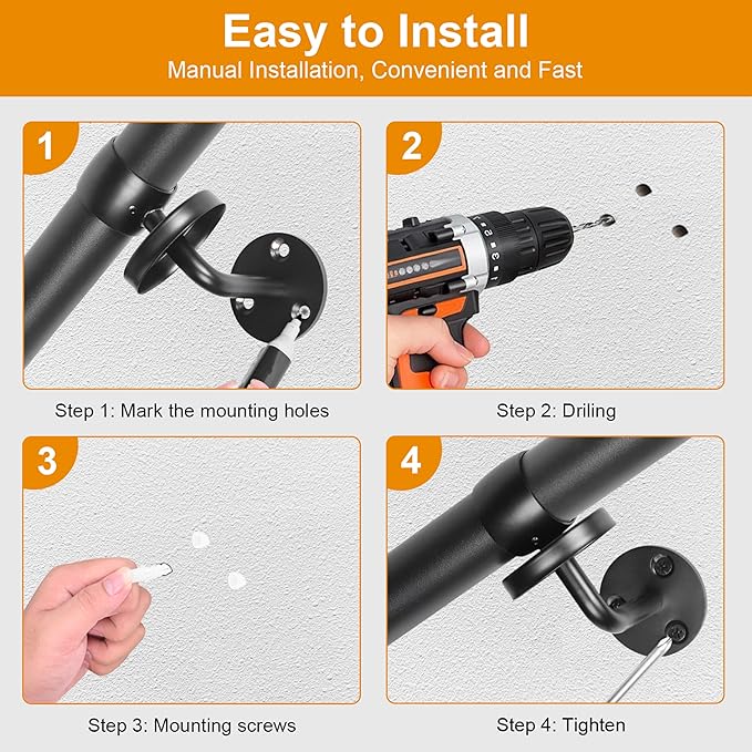 6.6Ft Industrial Metal Stairs Handrail Kit, Sturdy Wall Mount Aluminum Hand Rail, Indoor Outdoor Stair Railing Wood Concrete Brick Wall,1.5 in Round Pipe Grab Bar, Matte Black-6.6FT