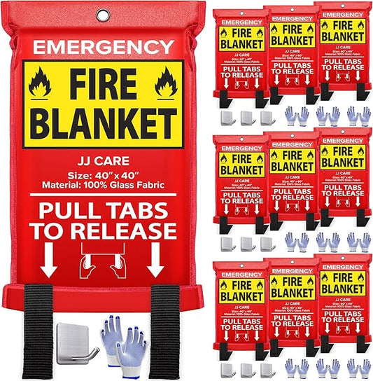 JJ CARE Fire Blanket – 10 Packs with Hooks and Gloves – Emergency Fire Blanket for Home & Kitchen, High Heat Resistant Fire Suppression Blankets for Home Safety, Kitchen, and Camping