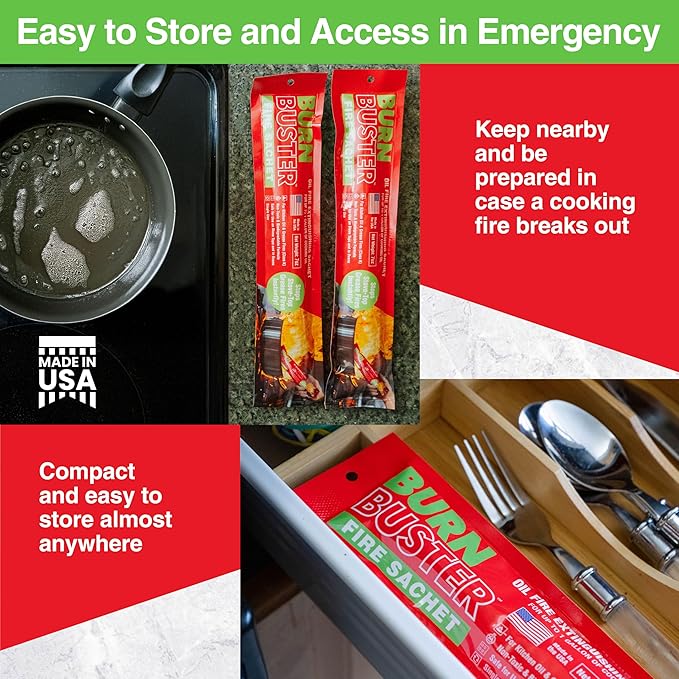 2-Pack BurnBuster Battery Fire Sachet for Oil & Grease Fires for Home and Outdoor Use - Fire Suppressant for Kitchens, Stove-Top and Oven Suitable - Non-Toxic 7 oz. Sachet, Made in USA