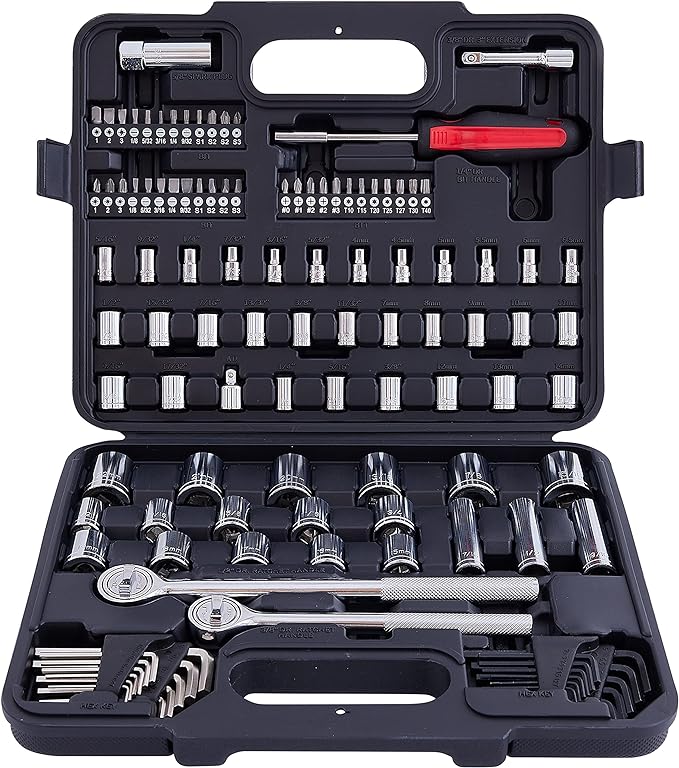 120 Piece Socket Set, 1/2, 3/8 & 1/4 Inch Drive Mechanics Tool Kit SAE & Metric Sockets, Auto Repair & Home Use with Storage Case and as A Gift