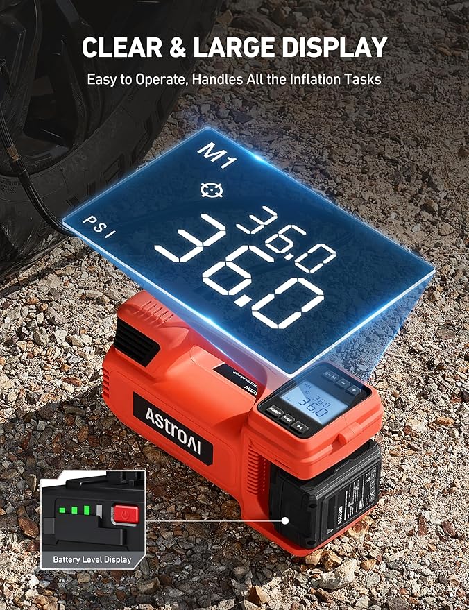 AstroAI TC4 Portable Air Compressor Tire Inflator, 470W 18V Cordless Air Pump for Truck Tires with 4000mAh Battery, 150PSI Heavy Duty Air Compressor with Digital Display for Car, RVs, SUV Red