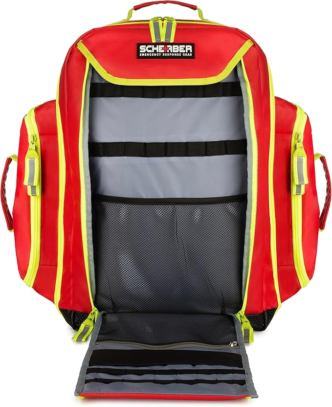 Scherber Fully-Stocked Premium First Responder Backpack | EMT/EMS Medic Trauma, Bleeding & Oxygen Medical Kit | CAT Tourniquet, QuikClot 4x4, HyFin Chest Seal & 250+ First Aid Supplies - Red