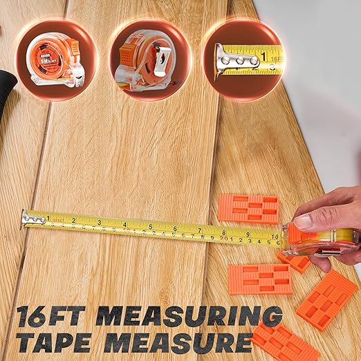 Saker Laminate Flooring Tools, 107-Piece Wood Flooring Installation Kit with 100 Flooring Spacers,Tapping Block with Handle, Pull Bar,10”Contour Gauge,Rubber Mallet,Tape Measure,Protective Knee Pads