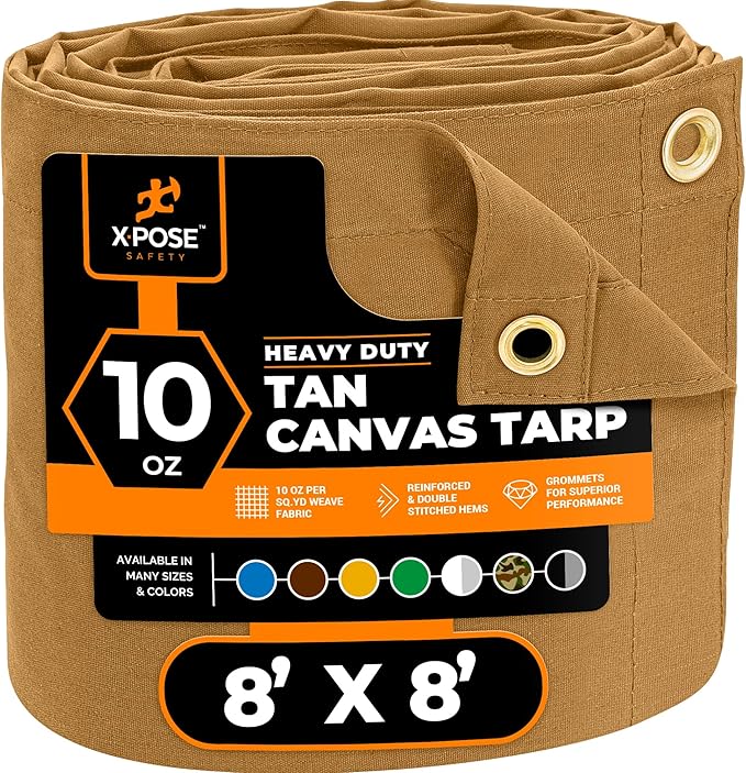 Xpose Safety Canvas Tarp - 10oz Tan Canvas Tarps Heavy Duty Water Resistant with Brass Grommets- Multipurpose Outdoor Tarpaulin for Camping, Canopy, Trailer, Equipment Cover 8' x 8'