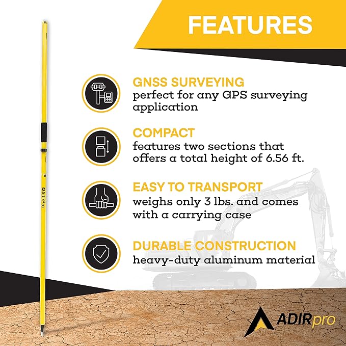 AdirPro Aluminum GPS Rover Rod – 2m 2-Piece Design GPS Pole for Land Surveying & Engineering – RTK GPS/GNSS Accessory – Includes Level Vial & Carrying Case (Yellow)