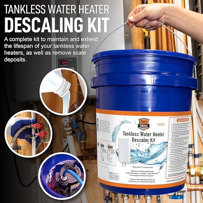 Chromex Tankless Water Heater Flush Kit with Concentrated Vinegar, Dilutes to 4 Gallons and 1/6HP Extra Strength Pump