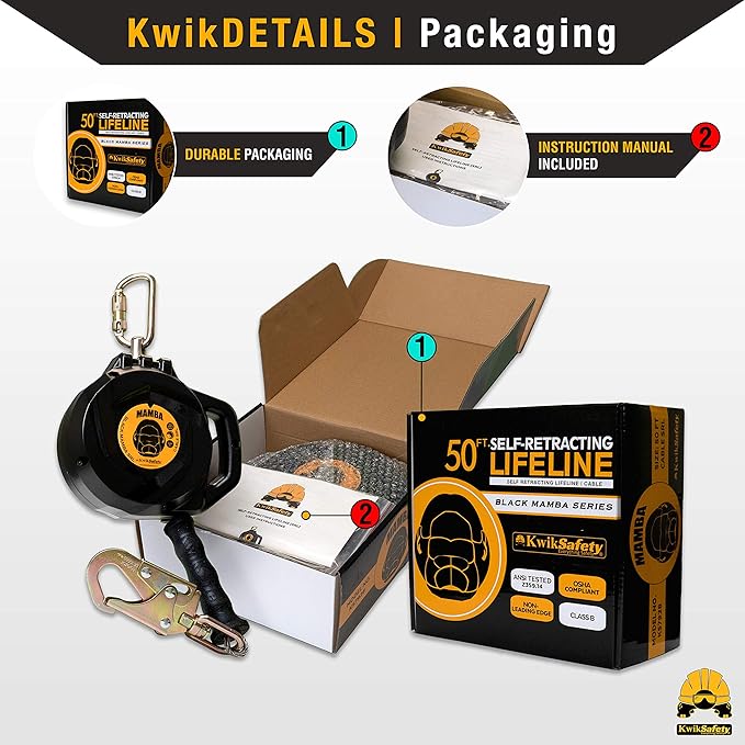 KwikSafety - Charlotte, NC - Mamba 50’ Self Retracting Lifeline [Carbonate + Integrated Handle] Class 1 Cable SRL ANSI OSHA Retractable Fall Arrest Safety Roofing Construction Gear