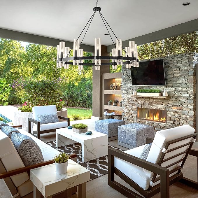 43 Inch Black Wagon Wheel Chandelier, 12 Lights, with Brown GlassShade, Large Hanging High Ceilings Chandeliers for Dining Room KitchenFoyer En