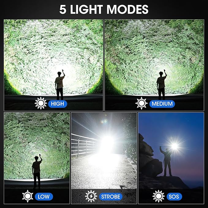 KINGCAESAR 3 Pack Flashlights High Lumens - 90,000 Lumen Super Bright Rechargeable Flashlight with 5 Light Modes, IPX7 Waterproof High Powered LED Flash Light for Home, Camping