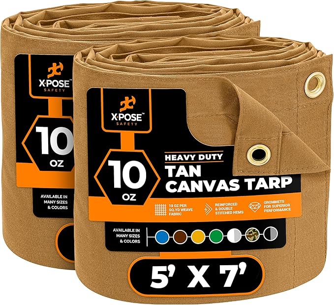 Xpose Safety Canvas Tarp - 10oz Tan Canvas Tarps Heavy Duty Water Resistant with Brass Grommets- Multipurpose Outdoor Tarpaulin for Camping, Canopy, Trailer, Equipment Cover 5' x 7' (2 Pack)