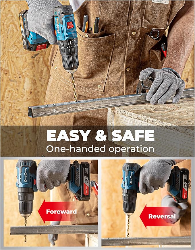 Dong Cheng 20V Brushless Heavy-duty Impact Drill, 443 in-lbs, 27000 IPM, 1/2" Keyless Metal Chuck, 20+1+1 Clutch, Cordless Hammer Drill with 2 Battery Kit for Drilling Brick Wall, Metal, Wood