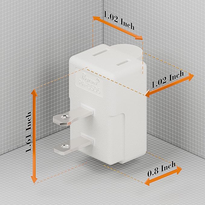 90 Degree 2 Pin Adapter, Plugrand Nema 1-15P to 1-15R Left Angled Adapter, 2 Prong Angled Adapter, NEMA 1-15P Power Adapter, PA-0506 White Color