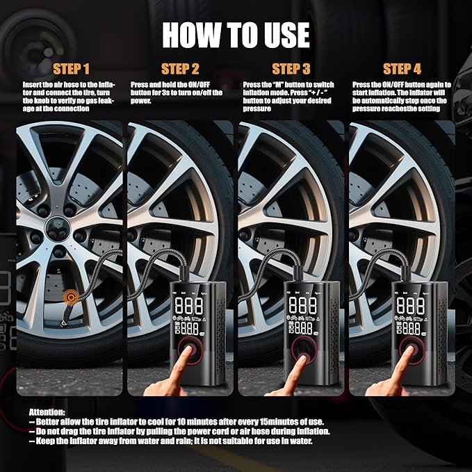 Tire Inflator Portable Air Compressor,150PSI Cordless Air Pump with Digital Pressure Gauge for Car, Bike，Motorcycle & Ball, Emergency LED Light and Auto Shut-Off, Car Accessories