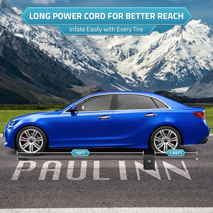 PAULINN Tire Inflator Air Compressor 12V DC Portable Air Pump 150 PSI for Car Tires, Auto Tire Pump with Digital Pressure Gauge, Auto Shutoff & LED Light for Cars, Motorcycles, Bikes & Balls, Black