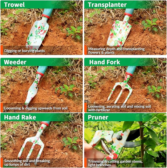 Garden Tools Set, JUMPHIGH 10 PCS Heavy Duty Gardening Tools Includes Hand Trowel Rake Weeder Pruner, Gardening Gifts for Women, Garden Kit with Tote Bag, Apron, Gloves, Kneeling Pad