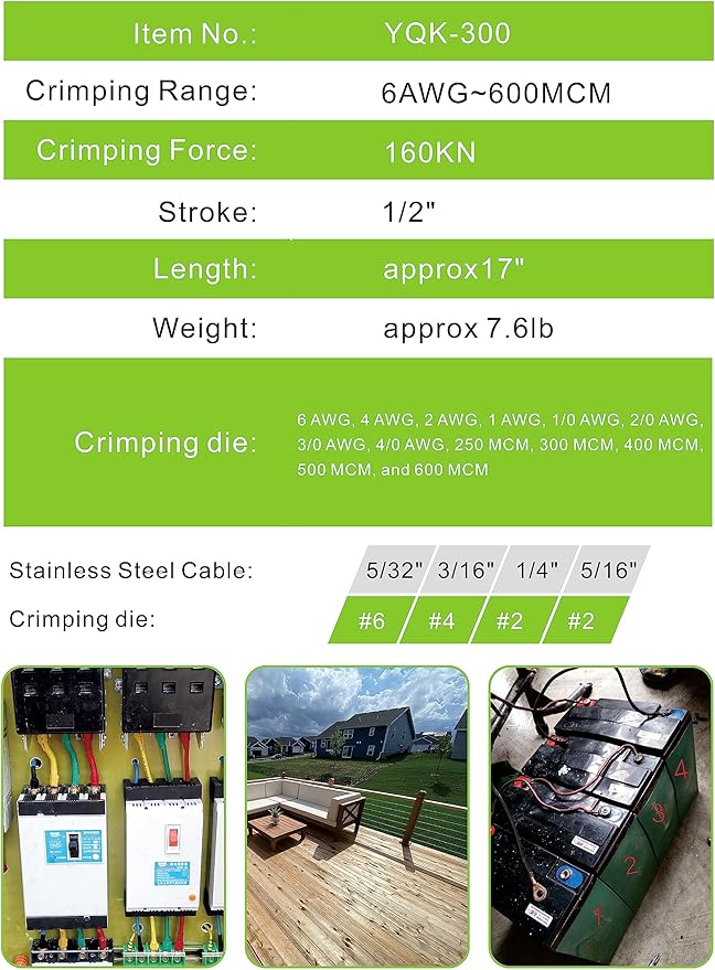 AMZCNC 16 Ton Hydraulic Wire Crimper Battery Cable Lug Terminal Crimping Tool WIth Standard US cable Dies,Crimps 6 AWG to 600 MCM, Cable Crimping Tool with 13 Pairs of Standard US cable Dies