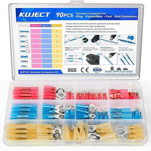 Kuject 90PCS Heat Shrink Wire Connectors, Multipurpose Waterproof Electrical Wire Terminals kit, Insulated Crimp Connectors Ring Fork Spade Butt Splices for Automotive Marine Boat Truck