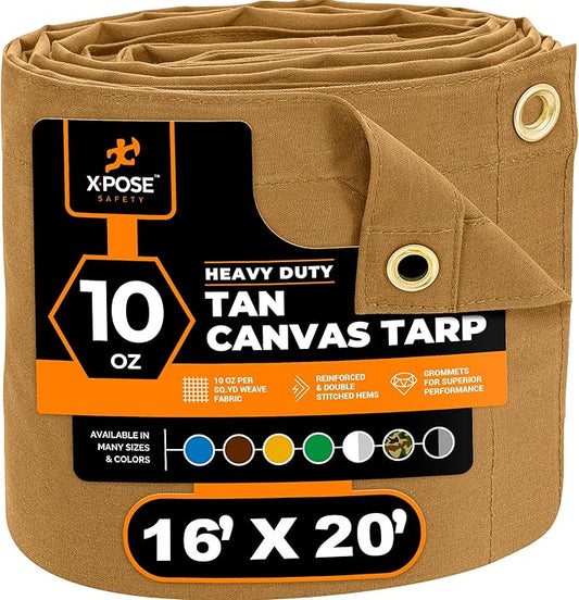 Xpose Safety Canvas Tarp - 10oz Tan Canvas Tarps Heavy Duty Water Resistant with Brass Grommets- Multipurpose Outdoor Tarpaulin for Camping, Canopy, Trailer, Equipment Cover 16' x 20'