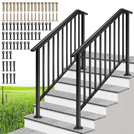 VIVOHOME 2-Pack 5 Step Galvanized Steel Hand Rails for Outdoor Steps – Black Oval and Safety Balusters Exterior Railing for Porch, Deck, or Indoor Stairs, Complete Installation Kit