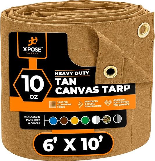 Xpose Safety Canvas Tarp - 10oz Tan Canvas Tarps Heavy Duty Water Resistant with Brass Grommets- Multipurpose Outdoor Tarpaulin for Camping, Canopy, Trailer, Equipment Cover 6' x 10'