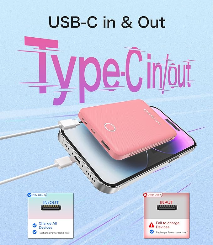 6000mah Ultra Slim Built in Cables Power Bank, Card Size Built in USB C Cords Battery Pack Portable Charger for Phones, 3 Output External Battery Pack Compatible with iPhone, Samsung, Light Pink