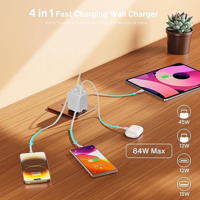 iVANKY Smallest 4-in-1 Retractable GaN Wall Charger for iPhone 17 Air, 45W USB C Charger Block with Dual USB C Cables, Fast Charging Samsung, 4-Port Adapter for 16/15/14 Pro Max, AirPods Pro 2/3